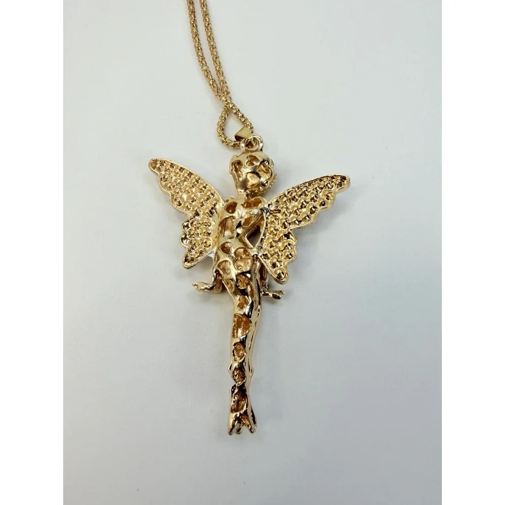 Red Rhinestone Wings Angel Elf Girl Fashion Women Pendant Necklace Gold Tone